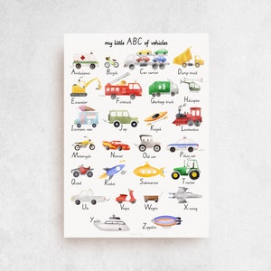 Australian Vehicles Alphabet - A to Z, vehicles, truck, car, boy kid artwork, Excavator, custom gift, boy wall decor aussie nursery