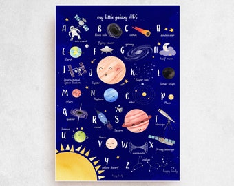 SPACE - Alphabet artwork handmade, custom title, space poster, Montessori learning, nursery and kid art print, solar eclipse