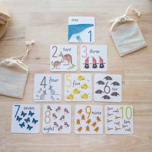 KLICKKARTEN Tierzahlen - Australien Spielzimmer, Wendekarten, Australien Ureinwohner Tier, Montessori spielen, Lernspiel für Kleinkinder