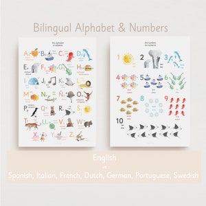 BILINGUAL Alphabet and Numbers, ABC, montessori, Kids, language, ABC, bilingual English, French, Italian, German, Dutch, Spanish, Portuguese