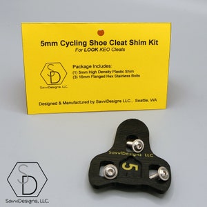 May include: A 5mm cycling shoe cleat shim kit for LOOK KEO cleats. The kit includes one 5mm high-density plastic shim and three 16mm flanged hex stainless steel bolts. The kit is designed and manufactured by SavviDesigns LLC., Seattle, WA.