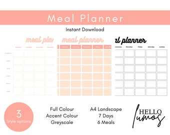 Wochenplaner zum Ausdrucken - 6 Mahlzeiten pro Tag, Meal tracker, Menüplaner, digitaler Download, BONUS-Einkaufsliste