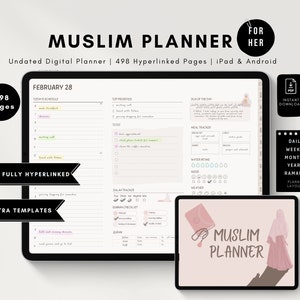 Könnte beinhalten: Ein digitaler Planer für iPad und Android mit einem rosa und weißen Design. Der Planer ist undatiert und enthält 498 verlinkte Seiten. Der Planer bietet eine Vielzahl von Layouts, darunter tägliche, wöchentliche, monatliche, jährliche und Ramadan-Planer-Layouts.