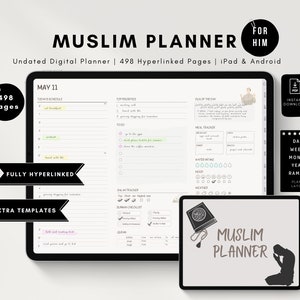Peut inclure: Planificateur numérique musulman avec 498 pages hyperliées, conçu pour iPad et Android. Comprend des mises en page quotidiennes, hebdomadaires, mensuelles, annuelles et du Ramadan. Inclut des modèles supplémentaires et un téléchargement instantané. Le planificateur est étiqueté "Pour Lui".