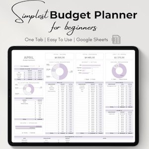 Peut inclure: Un modèle de planificateur de budget numérique pour Google Sheets, intitulé "Simplest Budget Planner for Beginners". Le modèle est conçu pour avril et comprend des sections pour les revenus, les dépenses, les économies et les dettes. Le modèle présente un schéma de couleurs violet clair et comprend des diagrammes circulaires et des tableaux.