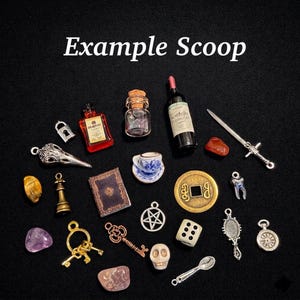 May include: A collection of miniature charms and trinkets, including a wine bottle, a teacup, a book, a skull, a key, a die, and a sword. The text "Example Scoop" is at the top of the image.