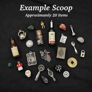 May include: A collection of approximately 20 miniature charms and trinkets including a bottle of Camus, a wine bottle, a teapot, a mushroom, a skull, a magnifying glass, a die, a padlock, a tarot card, a book, a coin, and various stones.
