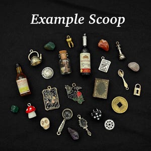 May include: A collection of miniature charms and trinkets, including a tiny teapot, wine bottles, a skull, a magnifying glass, and a die. The items are arranged on a black surface, with the text "Example Scoop" at the top.