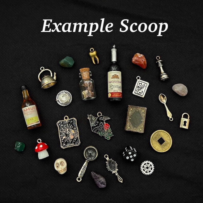 May include: A collection of miniature charms and trinkets, including a tiny teapot, wine bottles, a skull, a magnifying glass, and a die. The items are arranged on a black surface, with the text "Example Scoop" at the top.