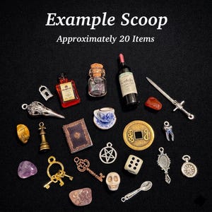 May include: A collection of approximately 20 miniature charms and trinkets including a red bottle, a glass jar with a cork, a wine bottle, a silver sword, a blue and white teacup, a book, a gold coin, a die, a skull, and various metal keys.
