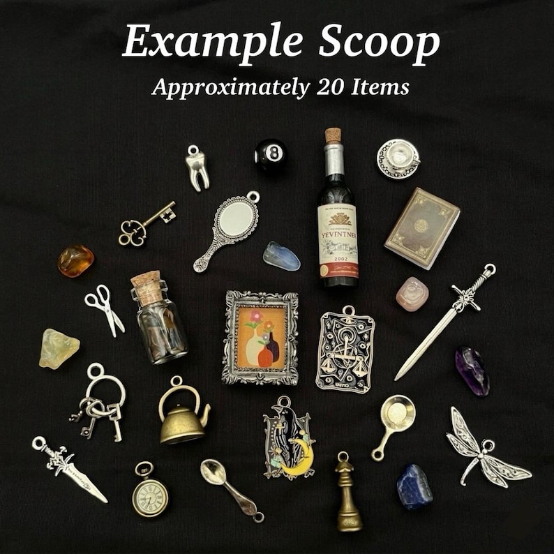 May include: A collection of approximately 20 miniature charms and trinkets including a wine bottle, a framed picture, a sword, a dragonfly, a key, a mirror, a teapot, a spoon, a chess piece, a clock, scissors, a tooth, and various colored stones.