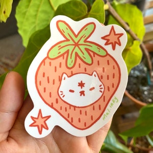 Strawberry Cat Vinyl Sticker - Waterproof Sticker - Pet Sticker - Fruit Sticker - Animal Sticker - Cute Sticker