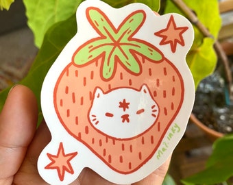 Strawberry Cat Vinyl Sticker - Waterproof Sticker - Pet Sticker - Fruit Sticker - Animal Sticker - Cute Sticker