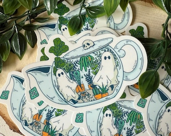Ghosts in a Teapot Vinyl Sticker - Cute Sticker - Spooky Sticker - Waterproof Sticker - Plant Sticker