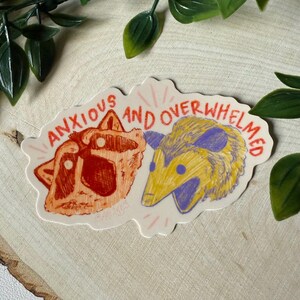 May include: A sticker with a raccoon and an opossum, with the text "anxious and overwhelmed" in red and orange lettering.