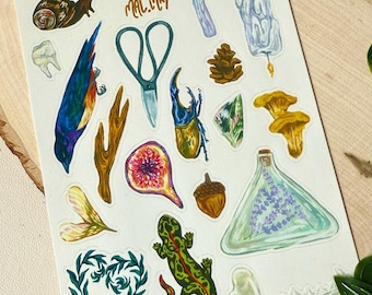 Forage Sticker Sheet: Plants, Animals, Insects - Gouache Painting