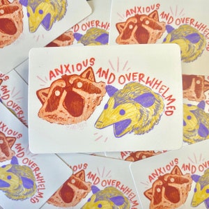 Anxious and Overwhelmed Bumper Sticker - Funny Bumper Sticker - Raccoon and Possum Animal Sticker