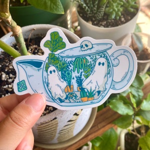 Ghosts in a Teapot Vinyl Sticker - Cute Sticker - Spooky Sticker - Waterproof Sticker - Plant Sticker