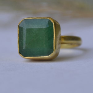 Square Cut Raw Emerald Gemstone 925 Sterling Silver ring, Green Emerald Micron Yellow Gold Rose Gold Fill Ring, Birthstone Ring
