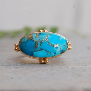 Oval Cab Natural Blue Turquoise 925 Sterling Silver ring, Copper Turquoise Micron Yellow Gold Rose Gold Filled Ring, Artisan Birthstone Ring