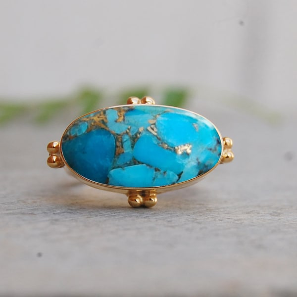 Anneau Cab Natural Blue Turquoise 925 Bague sterling argent, Cuivre Turquoise Micron Yellow Gold Rose Gold Rempli Anneau, Artisan Birthstone Ring