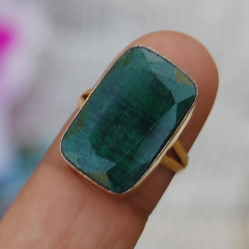 Birthstone Ring Cushion faceted Raw Green Emerald Gemstone 925 Sterling Silver ring Green Emerald Gold Rose Gold Fill Ring