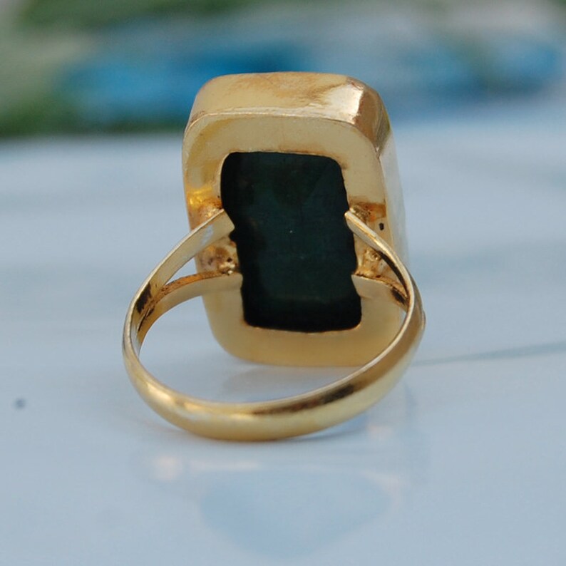 Birthstone Ring Cushion faceted Raw Green Emerald Gemstone 925 Sterling Silver ring Green Emerald Gold Rose Gold Fill Ring