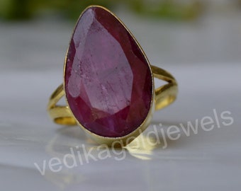 Natural Red Ruby Gemstone 925 Sterling Silver ring, Pear Faceted Red Ruby Micron Yellow Gold Rose Gold Fill Ring, Birthstone Ring