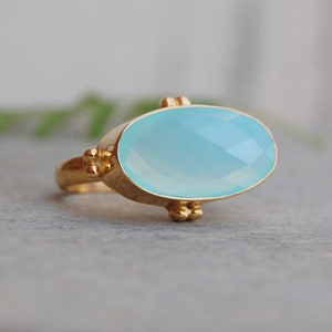 Oval Rose Cut Aqua Chalcedony 925 Sterling Silver ring, Chalcedony Micron Yellow Gold Rose Gold Filled Ring, Artisan Birthstone Ring