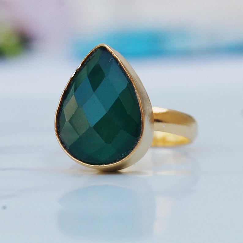 Pear Faceted Green Onyx Gemstone 925 Sterling Silver ring Natural Green Onyx Micron Yellow Gold Rose Gold Fill Ring Birthstone Ring