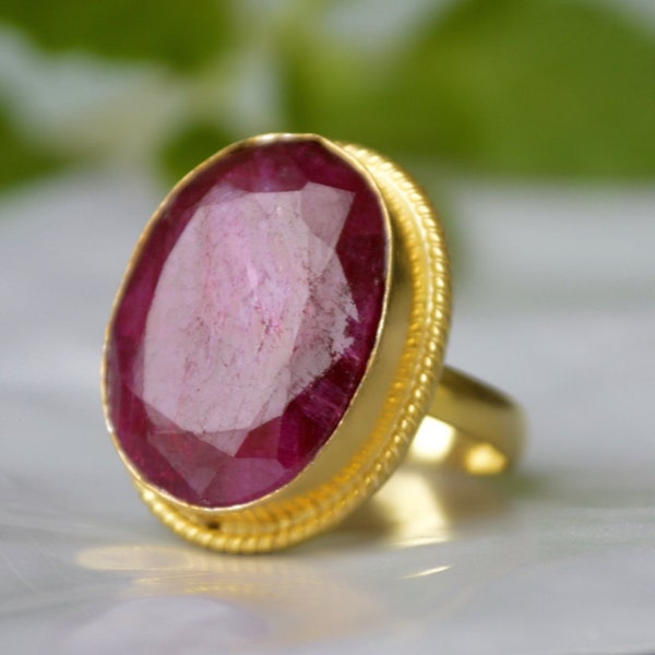 Huge Oval Faceted Red Ruby Gemstone 925 Sterling Silver ring, Raw Ruby Gemstone Rose Gold Fill Yellow Gold Fill Ring, Birthstone Ring