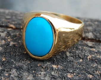 Bohemian Arizona Turquoise 925 Sterling Silver ring, Oval Cab Sleeping Beauty 18K Yellow Gold Rose Gold Filled Ring Jewelry, Signet Ring