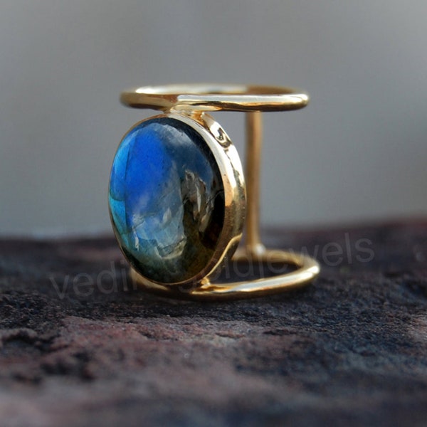 Oval Cab Blue Labradorite Gemstone 925 Sterling Silver ring, Natural Labradorite Micron Yellow Gold Rose Gold Fill Ring, Artisan Ring