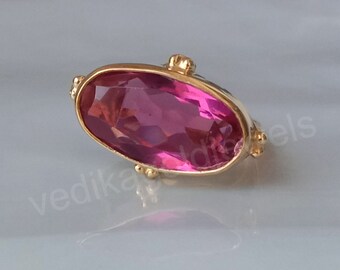 Pink Tourmaline Quartz 925 Sterling Silver ring, Oval Cut Pink Tourmaline Micron Yellow Gold Rose Gold Filled Ring, Birthstone Ring