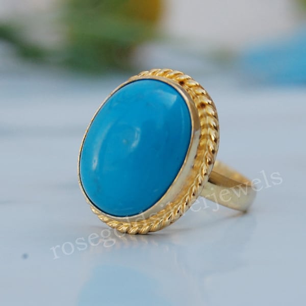 Oval Cab Blue Arizona Turquoise Gemstone 925 Sterling Silver ring, Sleeping Beauty Turquoise Yellow Gold Rose Gold Fill Ring