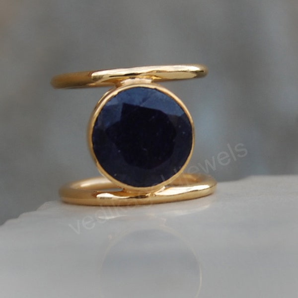 Round Faceted Raw Sapphire Gemstone 925 Sterling Silver ring, Blue Sapphire Micron Yellow Gold Rose Gold Fill Ring, Birthstone Ring