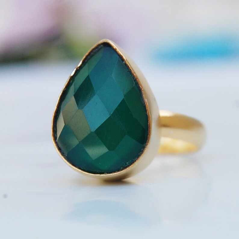 Pear Faceted Green Onyx Gemstone 925 Sterling Silver ring Natural Green Onyx Micron Yellow Gold Rose Gold Fill Ring Birthstone Ring