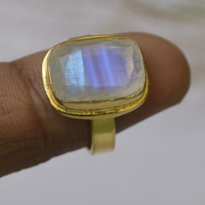 Cushion Faceted Rainbow Moonstone 925 Sterling Silver ring, Blue Moonstone Micron Yellow Gold Rose Gold Filled Ring Jewelry, Birthstone Ring