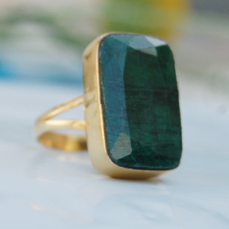 Birthstone Ring Cushion faceted Raw Green Emerald Gemstone 925 Sterling Silver ring Green Emerald Gold Rose Gold Fill Ring