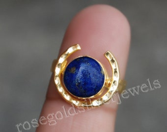 Round Cab Blue Lapis Lazuli Gemstone 925 Sterling Silver ring, Natural Lapis Lazuli Micron Yellow Gold Rose Gold Fill Ring, Birthstone Ring