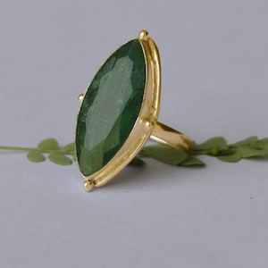 Marquise Raw Emerald Gemstone 925 Sterling Silver ring, Green Emerald Micron Yellow Gold Rose Gold Fill Ring, Birthstone Ring