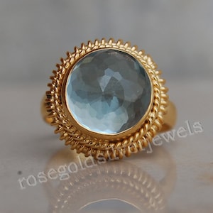 Round Rose Cut Aquamarine Quartz Gemstone 925 Sterling Silver ring, Aquamarine Micron Yellow Gold Rose Gold Fill Ring, Birthstone Ring