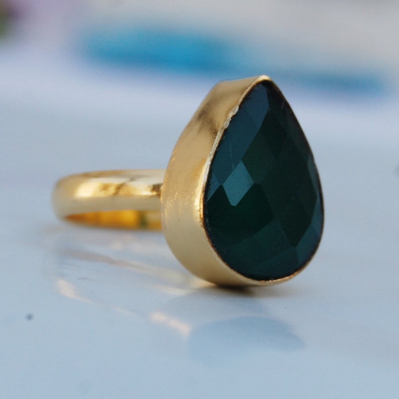 Pear Faceted Green Onyx Gemstone 925 Sterling Silver ring Natural Green Onyx Micron Yellow Gold Rose Gold Fill Ring Birthstone Ring