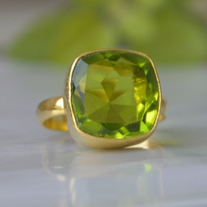 Cushion Cut Green Peridot Quartz Gemstone 925 Sterling Silver ring, Green Peridot 14k Yellow Gold 14k Rose Gold Fill Ring, Minimalist Ring