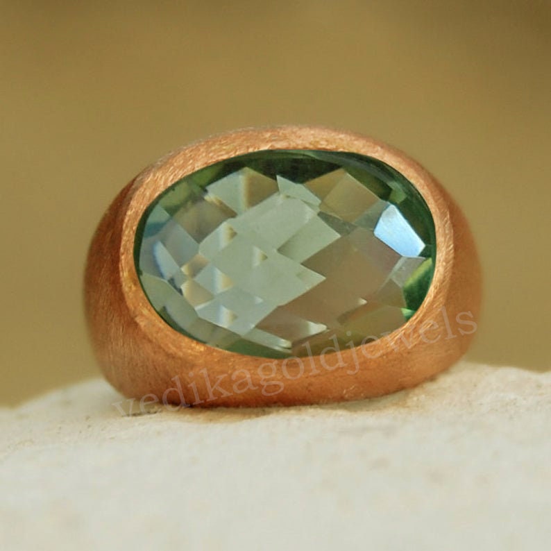 Green Amethyst 925 Sterling Silver ring, Oval Faceted Prasiolite Brushed Yellow Gold Rose Gold Filled Ring Jewelry, Birthstone Jewelry zdjęcie 1