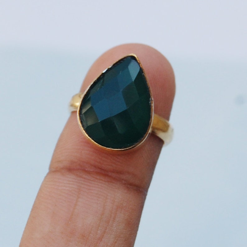 Pear Faceted Green Onyx Gemstone 925 Sterling Silver ring Natural Green Onyx Micron Yellow Gold Rose Gold Fill Ring Birthstone Ring
