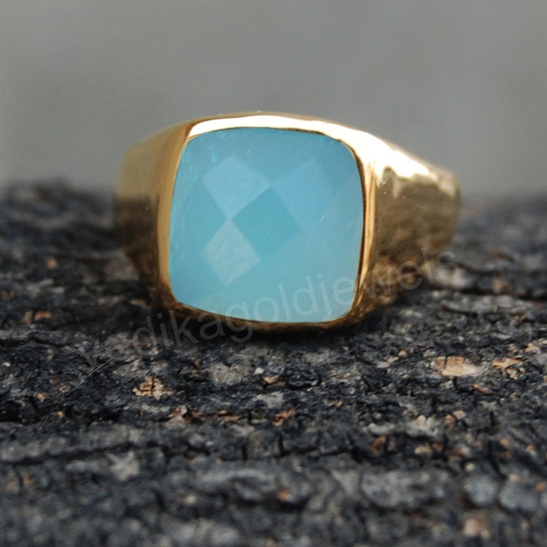 Birthstone Ring Aqua Chalcedony Micron Yellow Gold Rose Gold Filled Ring Natural Rose cut Aqua Chalcedony 925 Sterling Silver ring