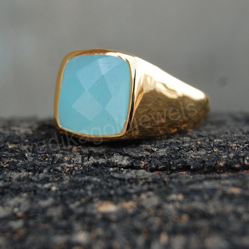 Birthstone Ring Aqua Chalcedony Micron Yellow Gold Rose Gold Filled Ring Natural Rose cut Aqua Chalcedony 925 Sterling Silver ring