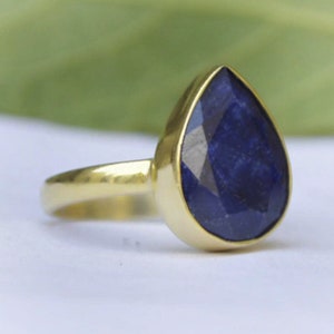 Pear Faceted Raw Blue Sapphire  925 Sterling Silver ring, Natural Sapphire Micron Yellow Gold Rose Gold Filled Ring Jewelry, Birthstone Ring