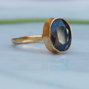 Oval Faceted Blue Sapphire Gemstone 925 Sterling Silver ring, Raw Sapphire Yellow Gold Rose Gold Fill Ring, Birthstone Ring